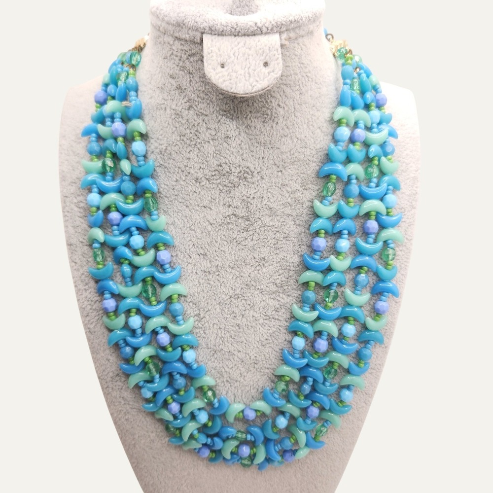Vintage Pakula Lucite Bead Necklace Blue Aqua Multi Strand Celestial Moon Bib